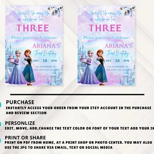 May include: Two invitations for a third birthday party with a Frozen theme. The invitations feature the text "THREE" in pink, along with the name "Ariana" and party details. The design includes illustrations of the characters Elsa and Anna.