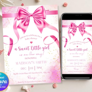 Editable Pink Bow Baby Shower Invitation, Modern Blush Pink Bow Girl, Baby Girl Shower Invitation, Elegant Pink Coquette Baby Shower Canva