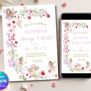 Fairy First Birthday Invitation Template, Editable Floral Pastel 1st Birthday Party Invite, Wildflower Fairy Garden Birthday Invitation DDN