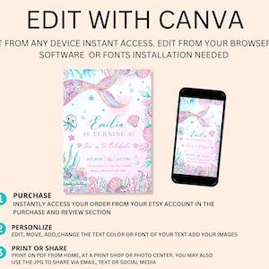 Peut inclure: Une invitation sur le th&egrave;me des sir&egrave;nes avec le texte "Emilia a 8 ans !" affich&eacute; sur une carte et un smartphone. L'invitation pr&eacute;sente un design aquarelle avec des &eacute;l&eacute;ments aquatiques et le texte "Edit with Canva".
