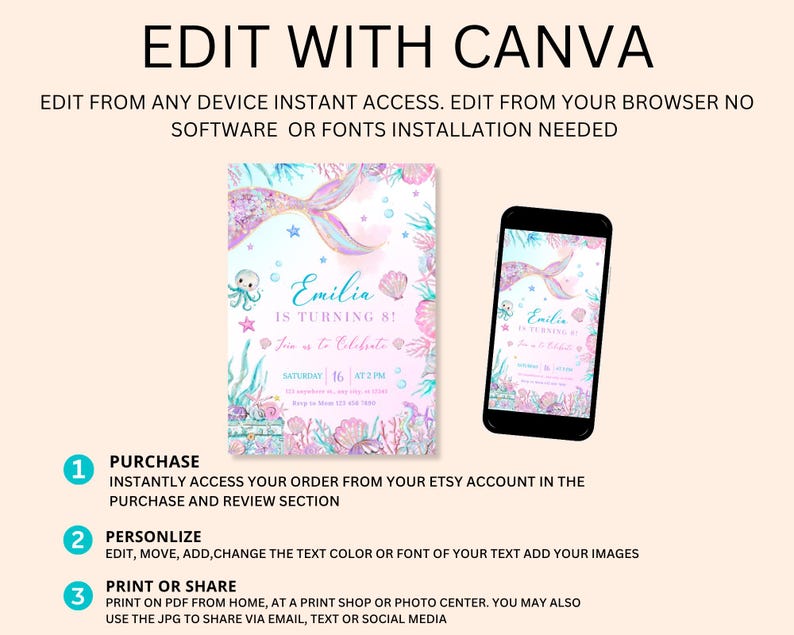 Peut inclure: Une invitation sur le th&egrave;me des sir&egrave;nes avec le texte "Emilia a 8 ans !" affich&eacute; sur une carte et un smartphone. L'invitation pr&eacute;sente un design aquarelle avec des &eacute;l&eacute;ments aquatiques et le texte "Edit with Canva".
