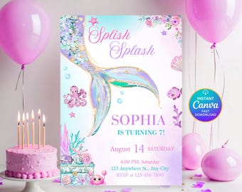 Meerjungfrau-Einladung Meerjungfrau-Geburtstags-Einladung Unter dem Meer-Geburtstag einladen Splish Splash Girl Pink Dive in fünf bearbeitbare Canva-Vorlage
