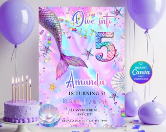 Redigerbar sjöjungfru 5-årsdagsinbjudan, Dyk ner i Five Under Sea-fest, rosa lila blå glittersvans Canva-mall, direktnedladdning
