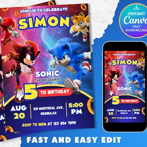 Sonic Editable Birthday Invitation | Hedgehog Party Invitation Template Printable | For Boy and Girl invitation | Invite Instant Download