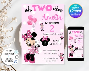Minnie Mouse Birthday invitations, Minnie Mouse Birthday, 1st Birthday, Watercolor Pink Birthday Invite, Girls Invitations, Canva Editable