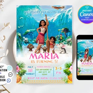 May include: A birthday party invitation featuring characters from a popular animated movie. The invitation includes the text "The Ocean is Calling You!" and "Maria is Turning 5!" with event details. A mobile version is also shown.