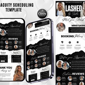 May include: A digital DIY Acuity scheduling template for a lash business featuring a black and white colour scheme. The design includes sections for booking policies, customer reviews, contact information, and appointment preparation instructions.