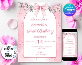 Editable Pink Bow Birthday Invitation – Pink Coquette Bow Invite Canva Template – Ribbon Girls Birthday Party Invite – Digital Download DDN