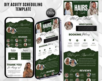 May include: A DIY Acuity scheduling template for Canva featuring a dark green and white color scheme. The design includes sections for booking policies, customer reviews, appointment requirements, and contact information with placeholder text.