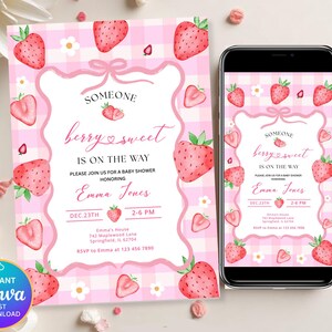 Bewerkbare babyshoweruitnodiging aardbei, roze babyshoweruitnodiging, bewerkbare afdrukbare Berry Sweet Baby Shower-canvasjabloon, instant DDN