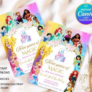 May include: Two invitation cards with a colorful design featuring Disney princesses. The cards have the text "Three years of MAGIC" and "Sarah 3rd Birthday". The cards are 5x7 inches and are an instant download.