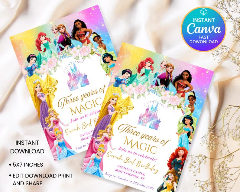 May include: Two invitation cards with a colorful design featuring Disney princesses. The cards have the text "Three years of MAGIC" and "Sarah 3rd Birthday". The cards are 5x7 inches and are an instant download.