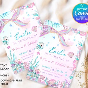 Peut inclure: Deux invitations d'anniversaire sur le th&egrave;me des sir&egrave;nes. Les invitations pr&eacute;sentent des illustrations de queue de sir&egrave;ne, de poulpe et de coquillage dans des tons de rose, de bleu et de violet. Le texte indique "Emilia a 8 ans !" et "Rejoignez-nous pour c&eacute;l&eacute;brer".