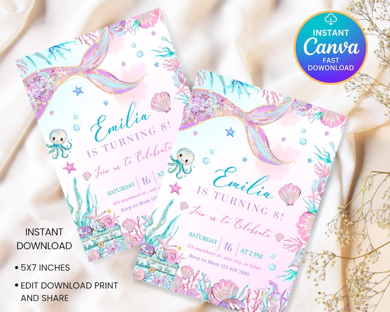 Peut inclure: Deux invitations d'anniversaire sur le th&egrave;me des sir&egrave;nes. Les invitations pr&eacute;sentent des illustrations de queue de sir&egrave;ne, de poulpe et de coquillage dans des tons de rose, de bleu et de violet. Le texte indique "Emilia a 8 ans !" et "Rejoignez-nous pour c&eacute;l&eacute;brer".