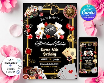 Casino Birthday Invitation, Casino Night, Casino Theme Birthday, Casino Retirement, Playing Cards Poker, 21st 30th 40th 50th, Casino Invite