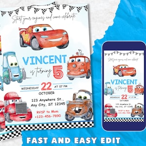Editable Cars Birthday Party Invitation Cars Lightning Birthday Invite McQueen Birthday Party Invitation Boy Birthday Party Invite Car Party