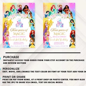 May include: Two invitation cards with a princess theme. The cards feature illustrations of various princesses, a castle, and the text "Three years of MAGIC". The cards are designed for a birthday celebration.