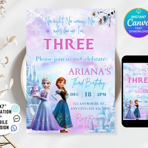 Puede incluir: Invitación digital para un tercer cumpleaños. El diseño presenta la palabra "THREE" en rosa, con "Ariana's Third Birthday" debajo. La invitación incluye imágenes de personajes animados y un smartphone que muestra la invitación.