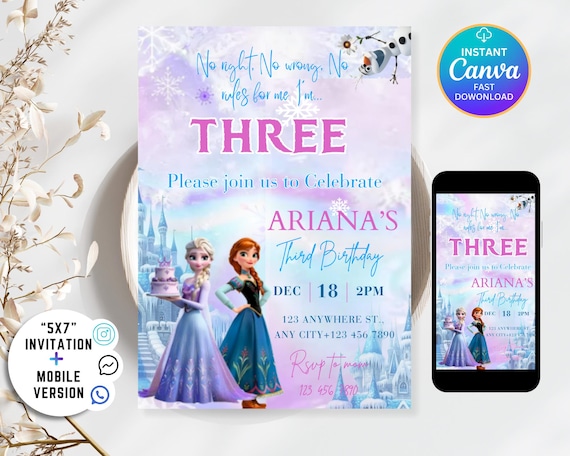 Editable Elsa Invite Digital Frozen Party Invitation Custom Frozen Invite Frozen Birthday Anna Frozen 3rd Birthday Digitally Download