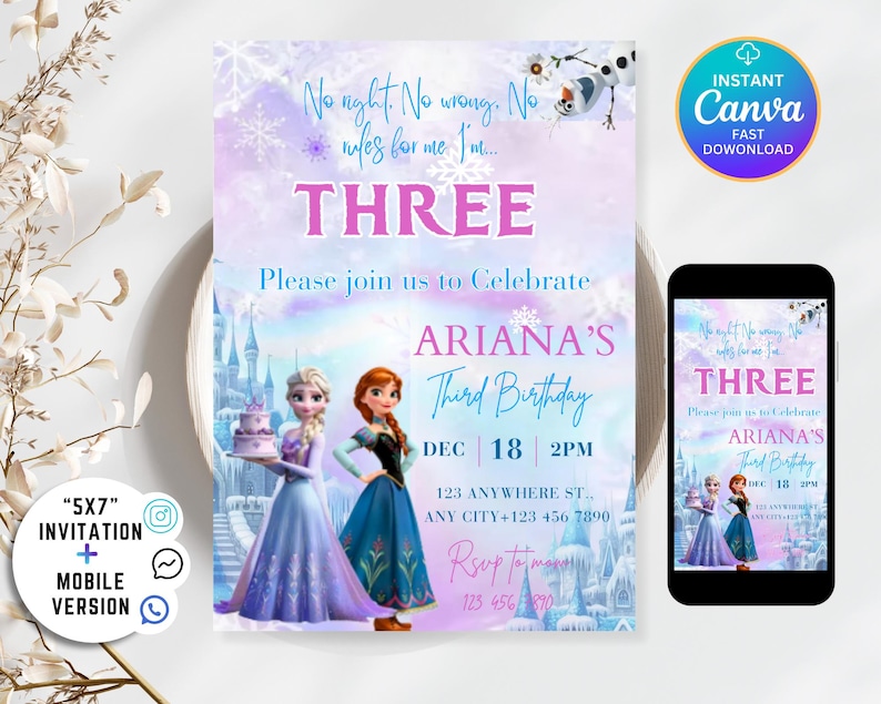 May include: A digital invitation for a third birthday party. The design features the text "THREE" in pink, with the words "Ariana's Third Birthday" below. The invitation includes images of animated characters and a smartphone displaying the invitation.