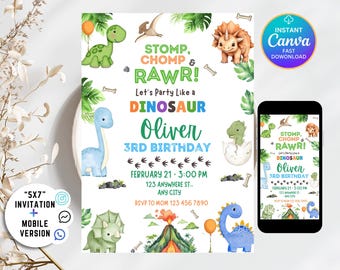 Dinosaur Birthday Invitation,EDITABLE Dinosaur 2nd Birthday Party Invite,Two Rex Dino Invite,2nd Birthday Boy Dinosaur Party,PrintableDwnlod