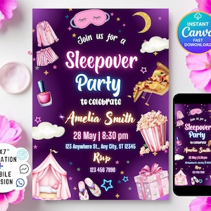 Sleepover Birthday Invitation, Slumber Party Birthday Invite, Pajama Party, Neon Sleepover Invitation, Editable Template, Instant Download