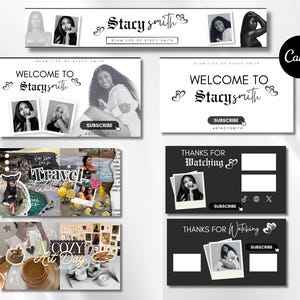 May include: A collection of digital templates for social media featuring black and white photography, the text Stacy Smith, Glam Life of Stacy Smith, Welcome To, Thanks For Watching, Subscribe, Travel Diaries, and A Cozy Art Day with heart icons.