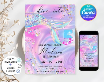 Dive into Five 5th Birthday Mermaid Invitation Editable Pink Purple Blue Under The Sea Invite Glitter Mermaid Tail Invite