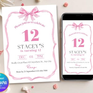Coquette Pink 12th Birthday Invitation Girl Twelfth Pink Bow Birthday Invitation Pink Coquette Bow Invite Twelfth Sleepover Invitation DDN