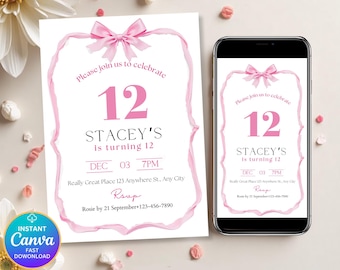 May include: A birthday invitation with a pink bow and ribbon design. The invitation reads "Please join us to celebrate 12 STACEY'S is turning 12 DEC 03 7PM". A smartphone displays the same invitation.