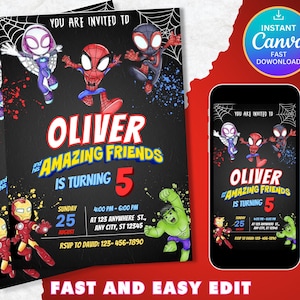 Spidey and his Amazing Friends Birthday Party Invitation, Blackboard Superhero Birthday Invite, Editable Template, Mobile Invite, Printable