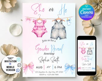 Boho Gender Reveal Invitation Template,  Editable Gender Reveal Invite, Vintage Baby Clothes Gender Reveal Instant Download, Neutral Baby