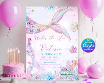 Editable Mermaid Birthday Invitation Template, Under the Sea Birthday Invitation, Mermaid Party Invites, Mermaid Invitation, DDN-247