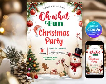 Modello di invito per festa di Natale per bambini Cappello da Babbo Natale Oh What Fun Invito di Natale Compleanno Canva Download digitale DDN