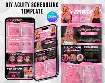 May include: A pink and black DIY Acuity scheduling template for a lash studio, displayed on two smartphones and a flyer. The template includes sections for booking policies, client reviews, and contact information. The text "EMILY Lash Studio" is visible.