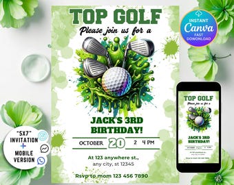 Golf Birthday Invitation, Let's Par Tee Golf Birthday Invite, Golf Birthday Party Invites, Editable 5x7 Canva Template, Instant Download
