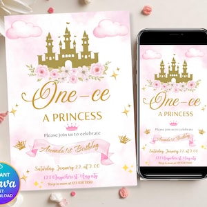 Editable Princess 1st Birthday Invitations, One-ce Upon a Time First Birthday Invitation Template, Girl First Birthday Invitation, Canva DDN