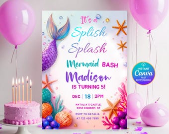 Editable Mermaid Tail Birthday Invitation Girl, Mermaid Bash Under the Sea Birthday Invite, Mermaid Party Invite, Mermaid Invitation Digital