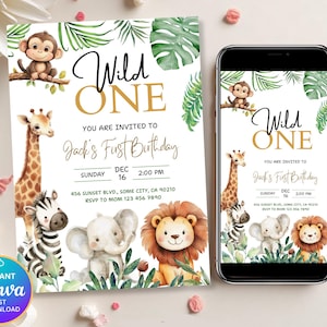 May include: A Wild One first birthday invitation with jungle animal illustrations, including a giraffe, zebra, elephant, and lion. The invitation includes the text "Wild One" and event details. A smartphone displays the same invitation.