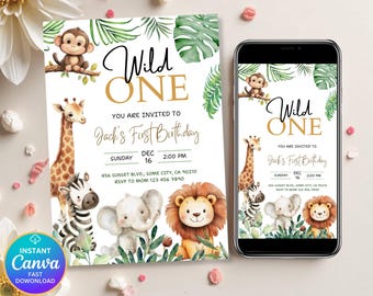 Pode incluir: Um convite de primeiro aniversário "Wild One" com ilustrações de animais da selva, incluindo uma girafa, uma zebra, um elefante e um leão. O convite inclui o texto "Wild One" e os detalhes do evento. Um smartphone exibe o mesmo convite.
