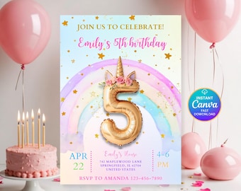 5th Unicorn Party Invitation Editable 5th Birthday Invite Girl Fifth Birthday Invitation Girl Magical Pastel Rainbow Party Invitation DN-112