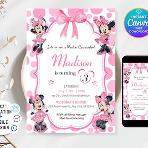 May include: Pink Minnie Mouse-themed birthday invitation with the name "Madison" and the number "3". The invitation includes event details and a mobile version. The design features Minnie Mouse illustrations and a pink bow.