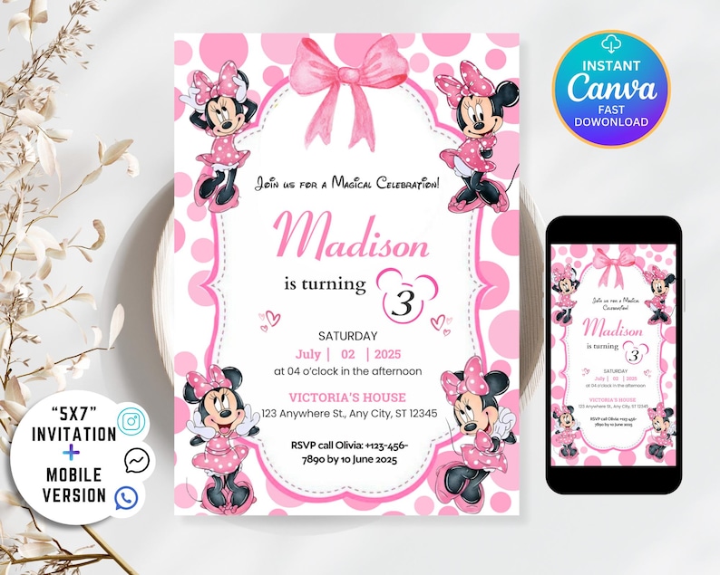 Editable Pink Minnie Mouse Birthday Invitation, Watercolor Girls ...