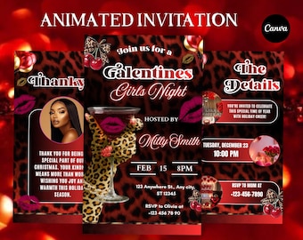 Digital Cheetah Galentines Day Party Invitation Template Gold & Red Galentines Gone Wild Girls Night Invite Leopard Print Flyer Self Edit