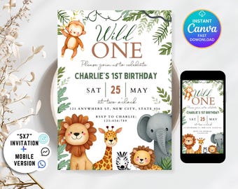 Invitación digital de primer cumpleaños de safari, invitación de cumpleaños de Wild One, invitación digital de primer cumpleaños, invitación de primer cumpleaños de la jungla, fiesta de animales de la jungla