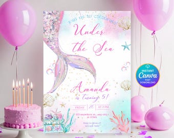 May include: A pink birthday party invitation with a mermaid theme. The invitation features a mermaid tail, seashells, and the text "Under the Sea." A pink cake with candles and pink balloons are also in the image.