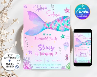 Mermaid Birthday Invitation Mermaid Invitation Mermaid Party Invitation Under the Sea Invitation Pink Theme EDITABLE Instant Download