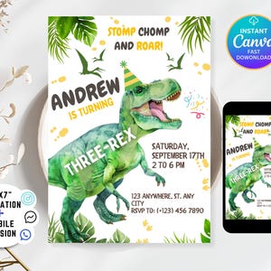 Dinosaur Birthday Invitation, Three-rex Invitation, 3 Rex Birthday Party, Dinosaur Party Invite Template, Canva Editable Invitation