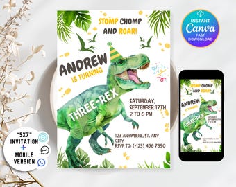 Verjaardagsuitnodiging dinosaurus, uitnodiging Three-rex, verjaardagsfeestje 3 Rex, sjabloon dinosaurusfeest uitnodiging, bewerkbare Canva-uitnodiging