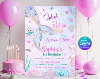 Meerjungfrau-Einladung Meerjungfrau-Geburtstags-Einladung Unter dem Meer-Geburtstag einladen Splish Splash Girl Pink Dive in fünf bearbeitbare Canva-Vorlage